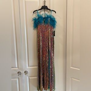 Multicolor Sequin Strapless Dress with Blue Feather Trim